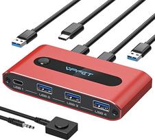 CMSTEDCD 10Gb/s USB C jungiklis 2 kompiuteriams dalytis 4 USB 3.2 prievadų USB-C perjungiklis, skirtas kompiuterio nešiojamojo kompiuterio klaviatūros dalijimuisi Klaviatūra, pelė, interneto kamera, be vaizdo perdavimo ir PD įkrovimo su 2 USBA-C ir 1 USB-