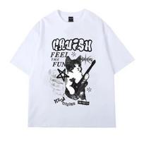 American Cat Rock Guitar Graphic Short Sleeve T-Shirt Loose Korean Fashion Oversized Women's Summer Clothes Y2k Streetwear M