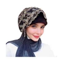 Nėriniuotas tampus turbanas moterims, iš anksto surištas galvos šalikas, apvyniojamas, užsimaunama chemo kepurė, minkšta kaukolės kepurė plaukų slinkimui juoda