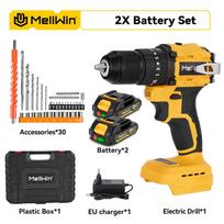 MELLWIN 13MM Akumuliatorinis smūginis gręžtuvas 25+3 Sukimo momentas Plokščias grąžtas Atsuktuvas Rinkinys Namų DIY Elektriniai įrankiai Skirtas Makita 18V akumuliatoriui 2 Battery Set