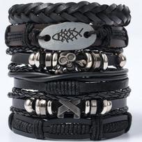 Hip Hop Vyriška Odinė Apyrankė Gotikinė Punk Kaukolės Karoliukų Papuošalas Juoda Kombinacija Rankomis Austa Gatvės Papuošalų Aksesuarai Leather Bracelet Set gray