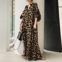 Pavasarinė Vasarinė Bohemiško Stiliaus Leopardinio Rašto Pūstomis Rankovėmis Suknelė-Marškiniai Prašmatni Stovinti Apykaklė Laisvo Kirpimo Maxi Suknelė 4XL gray