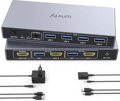 "Alxum" HDMI KVM jungiklis 2 vnt. 1 monitorių, 4K@60Hz USB 3.0 KVM jungiklis 2 kompiuteriams, skirtas 1 monitoriui ir klaviatūrai / pelei, USB prievadai klaviatūrai, pelei, mikrofonui, ausinių prievadai, 2 USB kabeliai, DC 5V