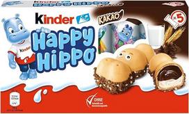 kinder Happy Hippo Cocoa - traškūs vafliai su pienu ir kakavos kremu - 1 pakuotė po 5 atskirus batonėlius po 20,7 g