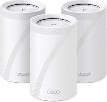 TP-Link Deco BE65 "Wi-Fi 7 Mesh WLAN" rinkinys (3 pakuotės), trijų dažnių 5760Mbit/s (6 GHz) + 2880Mbit/s (5 GHz) + 574Mbit/s (2,4 GHz), 6 srautai, 4 x 2,5G prievadai, 1 x USB 3.0
