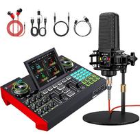 Podcast'o įrangos rinkinys, su 3,5 mm kondensatoriniu mikrofonu ir tiesioginio garso plokšte - Garso mikšeris transliacijoms, tiesioginiam dainavimui kompiuteryje/mobiliuoju telefonu, žaidimų turiniui