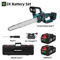 NEWBENY 12 colių bešepetis elektrinis grandininis pjūklas LED ekranas Akumuliatorinis medžio pjovimas Sodo medžių ruošos pjūklas Makita 18V akumuliatoriui 2 Battery Set