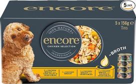 "Encore" 100% natūralus drėgnas maistas suaugusiems šunims, vištiena ir žuvis sultinyje, 156 g skardinė (5 x 156 g skardinės)