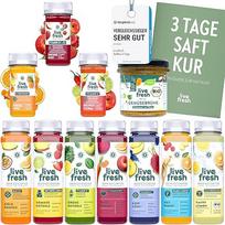"LiveFresh" 3 dienų sulčių terapija + ekologiškas daržovių nuoviras | 21 sultys (250 ml) ir 9 šotai (60 ml) šalto spaudimo¹ + 3 ekologiškos daržovių pastos (135 g) | 743 kalorijos per dieną | Šviežiai spaustas vaisius