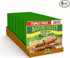 "Nature Valley Crunchy Family Pack" - avižos ir medus, skanūs viso grūdo avižų batonėliai su medumi, užkandis mokyklai ir kelionėms, be laktozės, 6 pakuotės, 10 pakuočių - po 2 batonėlius kiekvienoje pakuotėje