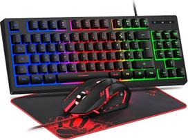 "Rewurnth" žaidimų klaviatūros ir pelės rinkinys, QWERTZ DE išdėstymas, 75% TKL, laidinė klaviatūra su RGB apšvietimu, ergonomiška 4 spalvų LED žaidimų pelė, didelis pelės kilimėlis, USB "Plug & Play" kompiuteriui