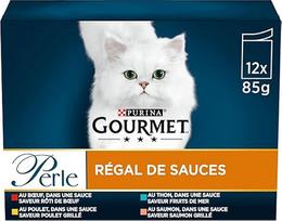 GOURMET Perle Sauce Rack Adult Cat Beef, Chicken, Tuna, Salmon, 12 x 85 g, šviežias maišelis (pakuotė gali kisti)