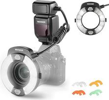 NEEWER RF1-N makro blykstės žiedinė blykstės šviesa Nikon fotoaparatui 76W GN15 5600K TTL apšvietimas 1-1/128 išėjimo priekinė/užuolaidinė sinchronizacijos užuolaida Spalvotas gelio objektyvo adapterio žiedas makro fotografijos studijos nuotraukoms