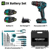 NEWBENY 80NM bešepetėlinis elektrinis gręžtuvas 3 IN 1 belaidis smūginis gręžtuvas elektrinis suktuvas elektriniai įrankiai 18V baterijai 2 Battery-EU Plastic Box