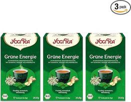 "Yogi Tea" - žalioji energija, ajurvedinė ekologiška prieskonių ir žolelių arbata, žaliosios arbatos, gvaranos, imbiero ir šeivamedžio žiedų mišinys, "Yogi Tea" arbatos pakuotė, 3 x 17 maišelių (iš viso 51 arbatos maišelis)
