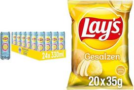 Gaivinanti šaltoji arbata ir traškūs traškučiai: "Lipton Ice Tea Sparkling Lemon Zero" (24 x 0,33 l) ir sūdyti "Lay's" traškučiai (20 x 35 g).