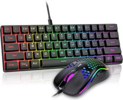 RedThunder 60% RGB laidinės žaidimų klaviatūros ir pelės rinkinys, 62 klavišai, DE išdėstymas, 7200 DPI itin kompaktiška mini pelė, optinė ergonominė žaidimų pelė su 6 mygtukais, skirta PC, Mac, PS5, Xbox žaidėjams