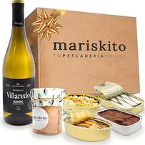 MARISKITO | Gurmaniška dovanų dėžutė - 5 galisijos konservai ir butelis vyno "Godello Viñaredo" - kalėdiniai rinkiniai jubiliejinėms šventėms - "La Mar de Especial