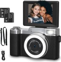 novzzovaz 4K skaitmeninis fotoaparatas 64MP automatinio fokusavimo fotokamera 18X skaitmeninis priartinimas Kompaktiškas fotoaparatas 3 colių 180° apverčiamas ekranas Vlog fotoaparatas pradedantiesiems Retro fotoaparatas su 2 baterijomis Dovana vaikams