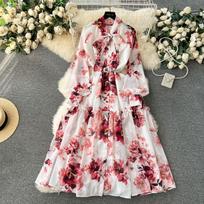 Moteriškos elegantiškos senovinės vidurinės suknelės su kaklu, retro stiliaus gėlėmis margintos suknelės ilgomis rankovėmis su diržu One Size raudona
