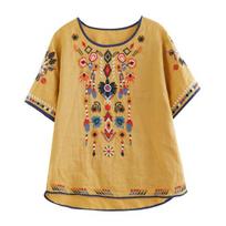 T-shirt Embroidered Loose National Style Ladies Short Sleeve Oversize Blouse L geltona