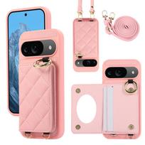 Rankinė per petį su kortelių laikikliu, telefono dėklas Google Pixel 9 Pro XL 8A 7A 9A Pixel8Pro, dirželis, riešo dirželis, odinis dangtelis Pixel 8 rožinė