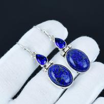Lapis Lazuli ir Mėlynojo Safyro Brangakmenių Auskarai, 925 Sterlinginio Sidabro Auskarai, Papuošalai vakarėliams, Ilgi Lašiniai Auskarai sužadėtuvių dovanoms 5.5 Cm mėlyna