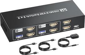HDMI KVM jungiklis 2 monitoriai 2 kompiuteriai 4K/60Hz USB 3.0 Dviejų monitorių KVM jungiklis 2 kompiuteriams, skirtas dalytis dviem monitoriais ir klaviatūros, pelės bei kitų USB įrenginių rinkiniu