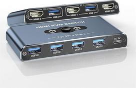 KVM jungiklis, KVM jungiklis 1 monitoriui, 2 kompiuteriams, HDMI jungiklis, 4K @ 60Hz KVM jungikliai 2 kompiuteriams, 1 monitoriui, 4 USB 3.0 įrenginiams, pvz., klaviatūrai, pelei, spausdintuvui, skeneriui (pilka)