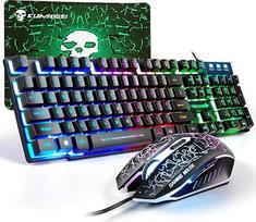 Žaidimų klaviatūros ir pelės rinkinys, 104 klavišų su vaivorykštiniu apšvietimu QWERTY JK išdėstymo klaviatūra + 2400 DPI 4 mygtukų kvėpuojanti pelė + pelės kilimėlis, USB kabelis, suderinamas su PS4 Xbox (reikia adapterio), juodas