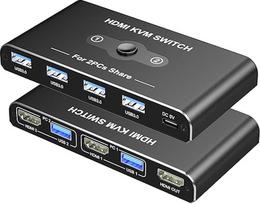 KVM jungiklis, KVM jungiklis 1 monitoriui, 2 kompiuteriams, HDMI jungiklis, 4K@60Hz KVM jungikliai 2 kompiuteriams, kurie dalijasi 1 monitoriumi, 4 USB 3.0 įrenginiai, pvz., klaviatūra, pelė, spausdintuvas, skeneris