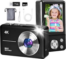 Skaitmeninis fotoaparatas, UHD 4K 64 MP fotoaparatas, 18 kartų skaitmeninis priartinimas, AF fokusavimas, apsauga nuo drebėjimo, įkraunamas akumuliatorius, fotoaparatas, nešiojamasis Vlog fotoaparatas vaikams, studentams, pradedantiesiems (juodas)