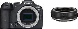 "Canon EOS R7" fotoaparatas beveidrodis fotoaparatas ir bajoneto adapteris EF-EOS R su objektyvo valdymo žiedu, skirtas EOS R sistemos fotoaparatams, suderinamas su EF ir EF-S objektyvais, juodas