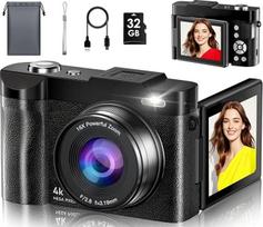 Skaitmeninis fotoaparatas 4K 50 MP fotoaparatas MaxMango Automatinis fokusavimas su 2,8 colio 180° sulankstomu ekranu, 16X skaitmeninis priartinimas Įkraunamas kompaktiškas fotoaparatas su 32G kortele, Vlogging fotoaparatas vaikams, paaugliams, pradedanti