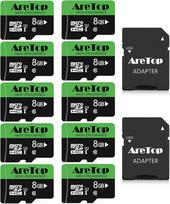 "Aretop" Micro SD kortelė 8GB, 10 vnt., su 2 adapteriais Atminties kortelė MicroSDHC UHS-I Class 10 U1 A1, Full HD vaizdo įrašymo Micro SD atminties kortelė, skirta fotoaparatui / išmaniajam telefonui / dronui / prietaisų kamerai