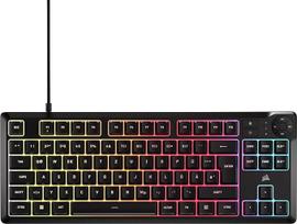 "Corsair K55 CORE TKL RGB" žaidimų klaviatūra - be klavišų, 8 zonų RGB apšvietimas, tylūs membraniniai klavišai, atspari purslams, medijos klavišai, 1000 Hz apklausa - vokiškas išdėstymas - juoda