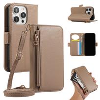 Krepšys per petį su užtrauktuku, piniginė su kortelių laikikliu, telefono dėklas iPhone 16 15 14 11 Pro Max XS X XR 7 8 Plus 13 12 Mini Se4 odinis viršelis IPhone 7Plus(8Plus) chaki
