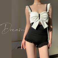Bow Swimming Suit Women's Spa One-piece Swimwear South Korea Ins Obscure Belly Showing Thin Halter Sexy Beachwear M juoda