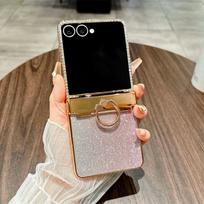 Dėklas Samsung Galaxy Z Flip 7/6/5/4/3 su vyrių apsauga ir žiedu, plonas, atsparus smūgiams, kietas, viso kūno apsauginis dangtelis, telefono buferiai Galaxy Z Flip7 rožinė
