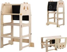 "Montessori" 3-in-1 stebėjimo bokšto stalas vaikams, rašomasis stalas su lenta, mokymosi kėdė, natūrali mediena