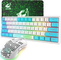 K61 UK Layout 60% žaidimų klaviatūros pelės rinkinys Laidinis 62 klavišų 62 klavišų 7 RGB LED apšvietimas 19 klavišų Anti-Ghosting+ 2400 DPI itin lengva žaidimų pelė su "Honeycomb Shell" korpusu + pelės kilimėlis balta mišri