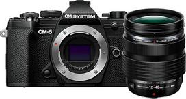 OM SYSTEM OM-5 "Micro Four Thirds" sistemos fotoaparatas su "M.Zuiko Digital ED 12-40mm PRO II" objektyvu, 20 MP "Live MOS" jutikliu, optimizuotu 5 ašių vaizdo stabilizavimu - juoda/juoda