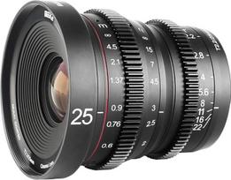 "Meike" 25 mm T2.2 didelės diafragmos rankinio fokusavimo pagrindinis mažo iškraipymo mini kino objektyvas, suderinamas su "Sony E" fotoaparatais