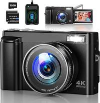 4K skaitmeninis fotoaparatas 48 MP automatinio fokusavimo fotoaparatas su 180° apverčiamu ekranu, 16 kartų skaitmeninio priartinimo kompaktiškas fotoaparatas su 32GB kortele, įkrovimo stotele, 2 baterijomis paaugliams, pradedantiesiems, suaugusiesiems