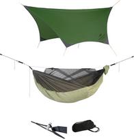 AMAZONAS Nakvynės rinkinys - itin lengvas hamakas nuo uodų "Mosquito Traveller", dygsniuotas + "Adventure Rope" virvė + "Traveller" tentas, apsaugantis nuo oro sąlygų