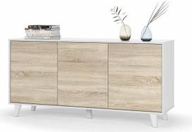 amuéblate online Bufetinė spintelė Svetainė su 3 durelėmis Bora Modelis Matmenys 154 cm (plotis) x 75 cm (aukštis) x 41 cm (gylis) Mediena Baltas blizgesys ir Kanados ąžuolas