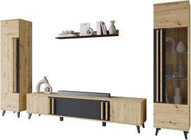 Mirjan24 Hailea II svetainės kambario komplektas, svetainės spinta, spinta komplekte: Lentyna, vitrina, sieninė lentyna, televizoriaus lentynėlė (Artisan ąžuolas/juodas grafitas, be apšvietimo)