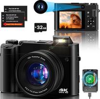 Skaitmeninė kamera 4K，64 MP Fotokamera Dual Kamera Anti-Shake Vlogging Fotokamera mit 32GB Speicherkarte, 16X Digitalzoom, 2 Akkus& Ladegerät，und Einsteiger Kompaktkamera für Jugendliche