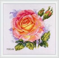 Merejka siuvinėjimo komplektas kryželiu „Rožė“ — Aida 16 ct, 15×15 cm, balta drobė