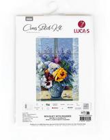 Luca‑S skaičiuoto kryželio siuvinėjimo rinkinys — Puokštė su našlaitėmis, 25×36 cm